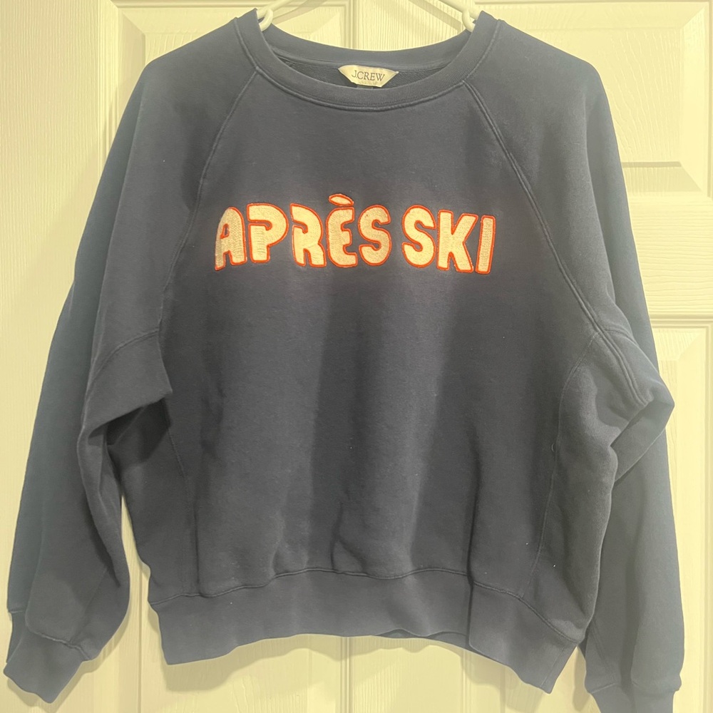 J. Crew Blue Crew Neck Sweatshirt with Après Ski Print